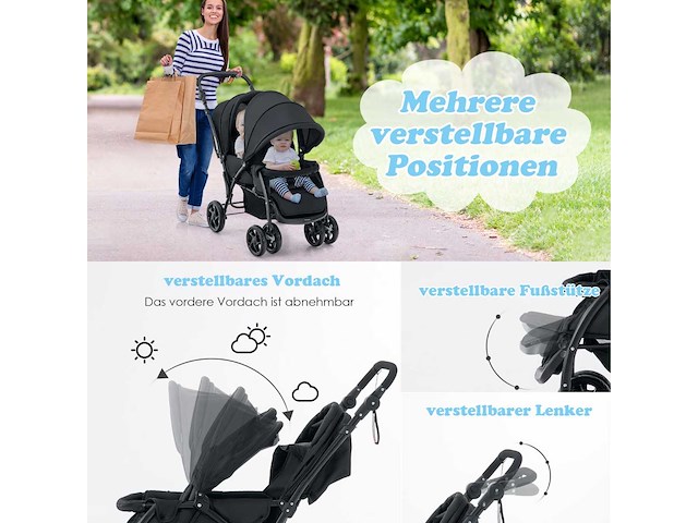Opvouwbare dubbele kinderwagen met verstelbare rugleuning en kap - zwart - afbeelding 6 van  9