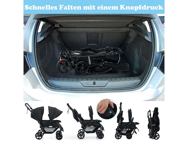 Opvouwbare dubbele kinderwagen met verstelbare rugleuning en kap - zwart - afbeelding 7 van  9
