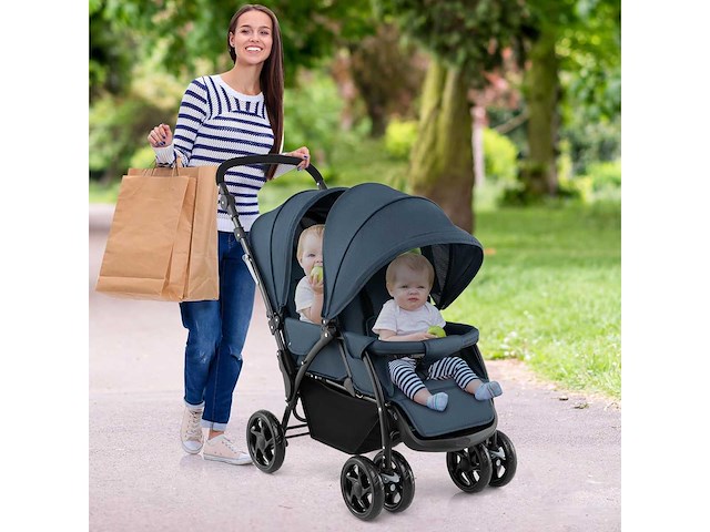 Opvouwbare dubbele tandemkinderwagen met luifel en verstelbare rugleuning - afbeelding 1 van  10