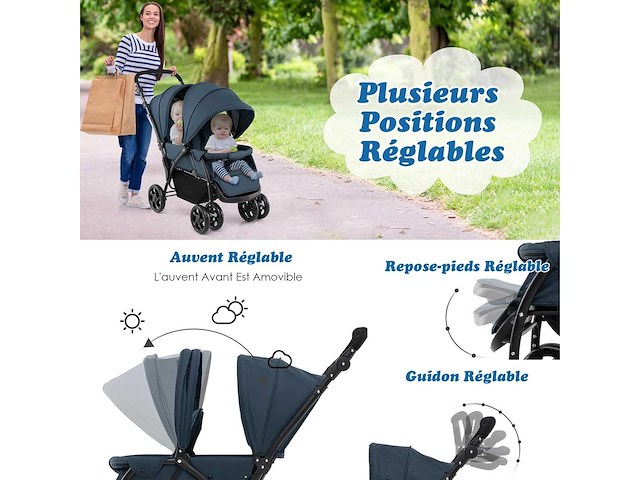 Opvouwbare dubbele tandemkinderwagen met luifel en verstelbare rugleuning - afbeelding 6 van  10