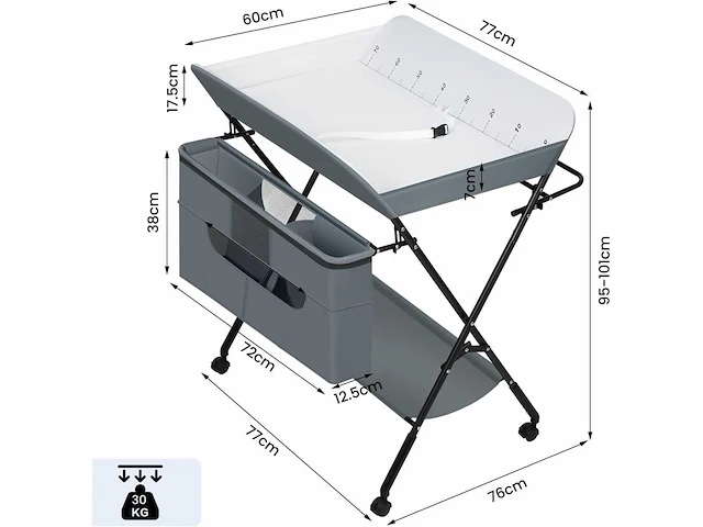 Opvouwbare en in hoogte verstelbare baby-commode met wielen, opbergmand, metalen frame, oxford-doek, grijs - afbeelding 2 van  4