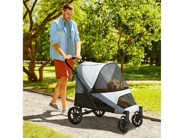 Opvouwbare grote hondenkinderwagen met gaasramen, kussen en riemen, 124x67x100 cm, grijs - afbeelding 1 van  5