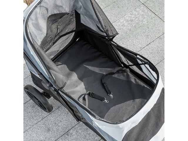 Opvouwbare grote hondenkinderwagen met gaasramen, kussen en riemen, 124x67x100 cm, grijs - afbeelding 3 van  5