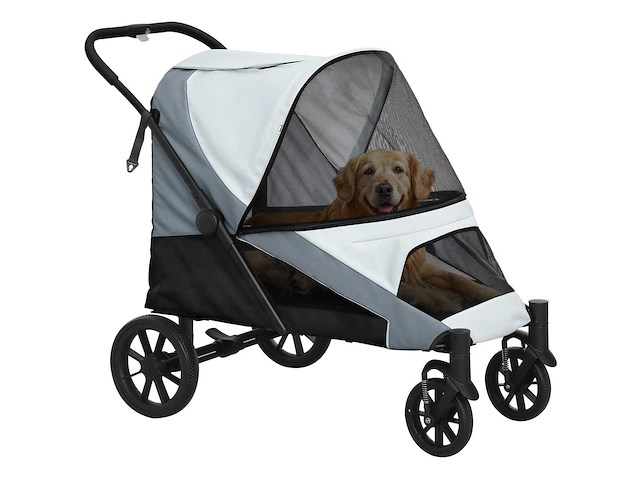 Opvouwbare grote hondenkinderwagen met gaasramen, kussen en riemen, 124x67x100 cm, grijs - afbeelding 5 van  5