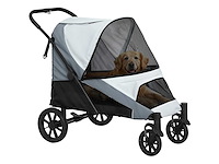 Opvouwbare grote hondenkinderwagen met gaasramen, kussen en riemen, 124x67x100 cm, grijs - afbeelding 5 van  5