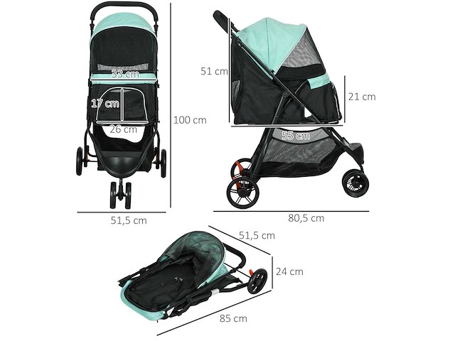 Opvouwbare hondenwagen, met regenbescherming, 2 bekerhouders, blauw + groen - afbeelding 3 van  3