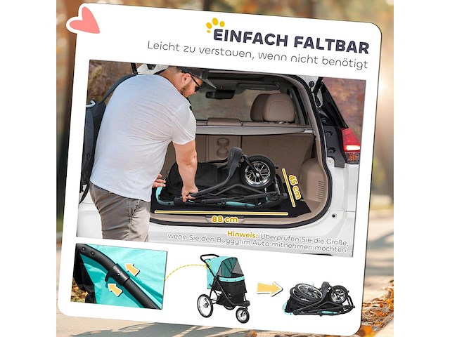 Opvouwbare kinderwagen voor kleine honden en katten tot 10 kg met 3 grote wielen - afbeelding 5 van  5