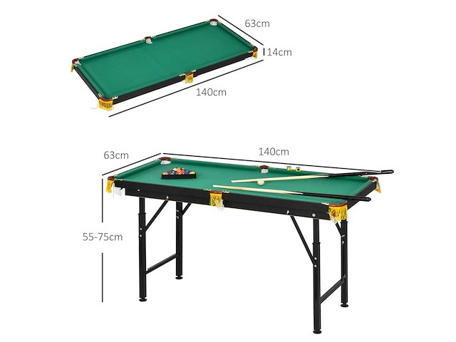 Opvouwbare pooltafel in hoogte met accessoires 2 keuen, 16 ballen, 2 krijt, driehoek, borstel, groen - afbeelding 3 van  5