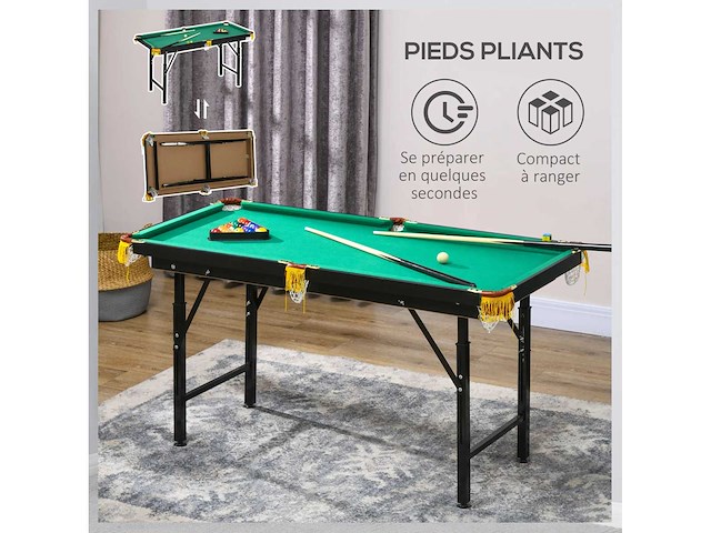 Opvouwbare pooltafel in hoogte met accessoires 2 keuen, 16 ballen, 2 krijt, driehoek, borstel, groen - afbeelding 5 van  5