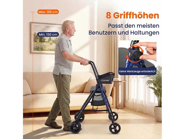 Opvouwbare rollator met zitting en tas, in hoogte verstelbaar in 8 standen - afbeelding 2 van  3