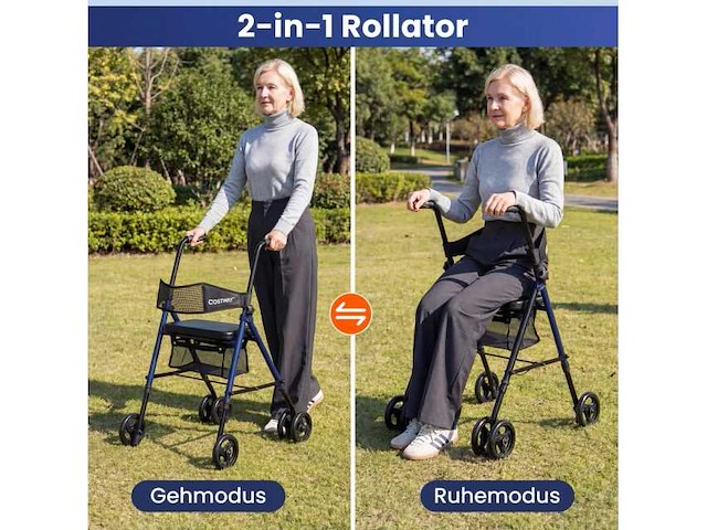 Opvouwbare rollator met zitting en tas, in hoogte verstelbaar in 8 standen - afbeelding 3 van  3