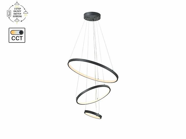 Orien design hanglamp zand zwart 20cm&40cm&60cm trio ring 50w led cct 3 kleur & 3 stappen dimmen(2x) - afbeelding 3 van  7