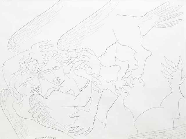 Ossip zadkine (1890-1967), two harpies attacking, 1953, ink drawing on paper 54 x 71 cm. (21.26 x 27.94 in.), frame: 81 x 100 cm. (31.89 x 39.36 in.) - afbeelding 1 van  6