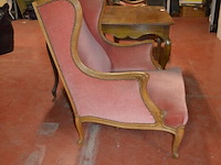 Oude houten tafel afm; 100x70x70, antieke wandtafel afm. 100x30x70, 2 clubzetels roze stoffen zit en rug, groen stoffen zetel met armleuning - afbeelding 14 van  17