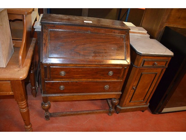 Oude secretaire 2 laden 1 valdeur, nachtkastje 1 deur 1 lade wit marmeren blad - afbeelding 1 van  8