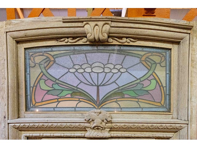 Oude voordeur 1903 in eik met brandglas, smeedwerk en vitreau in art-deco - afbeelding 4 van  7