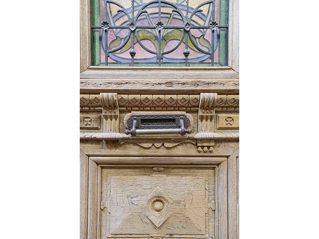 Oude voordeur 1903 in eik met brandglas, smeedwerk en vitreau in art-deco - afbeelding 5 van  7