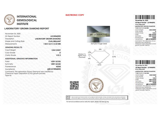 Ovaal diamant 0.84ct – d/vvs2 – igi - afbeelding 4 van  4