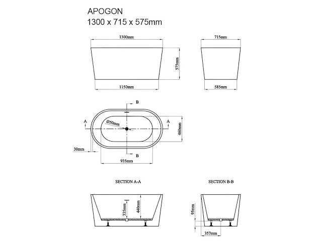Ovaal vrijstaand bad - 180l - zwart - acryl - afbeelding 5 van  7