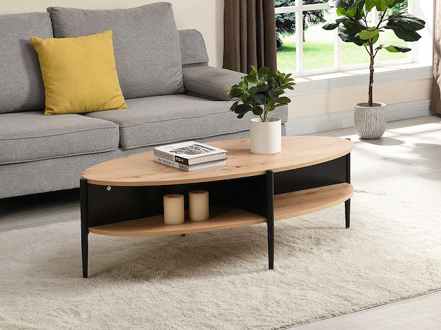 Ovale salontafel met 4 nissen in mdf en metaal - natuurlijk, licht en zwart - afbeelding 1 van  8