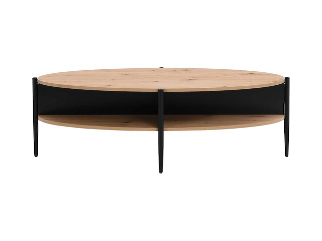 Ovale salontafel met 4 nissen in mdf en metaal - natuurlijk, licht en zwart - afbeelding 2 van  8