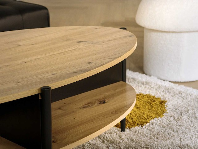 Ovale salontafel met 4 nissen in mdf en metaal - natuurlijk, licht en zwart - afbeelding 6 van  8