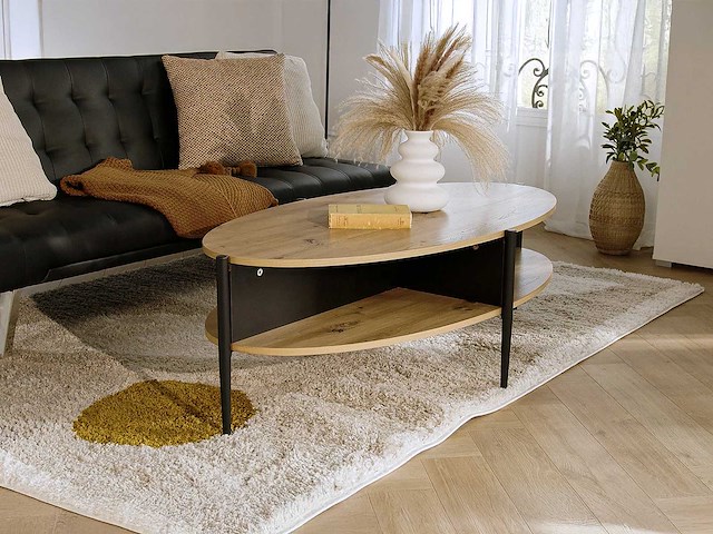 Ovale salontafel met 4 nissen in mdf en metaal - natuurlijk, licht en zwart - afbeelding 7 van  8