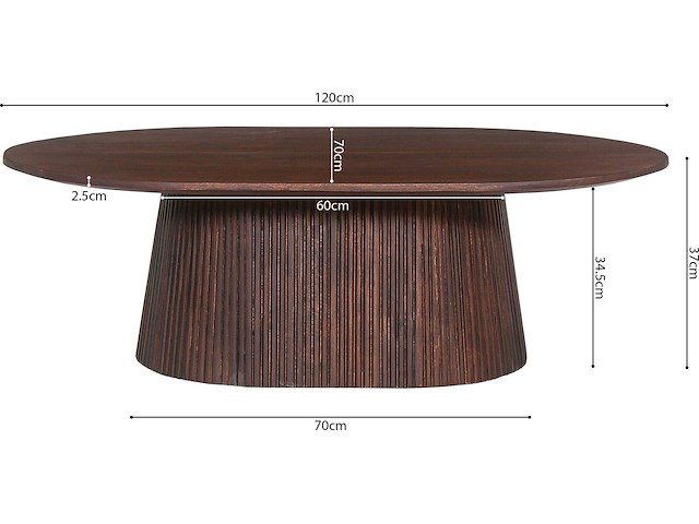 Ovale salontafel miguel 120 cm donkerbruin | massief houten structuur en blad mango - afbeelding 6 van  6