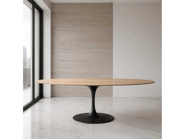 Ovale tulpentafel van natuurlijk hout, zwarte poot, 199 x 110 cm, hoogte 74 cm. - afbeelding 1 van  2
