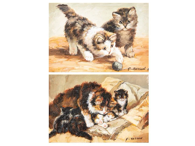 P. besson, two paintings with kittens, 20thc, oil on canvas 12.5 x 17.5 cm. (4.91 x 6.88 in.), frame: 29 x 24 cm. (11.41 x 9.44 in.) - afbeelding 1 van  9