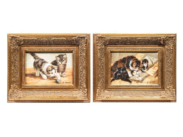 P. besson, two paintings with kittens, 20thc, oil on canvas 12.5 x 17.5 cm. (4.91 x 6.88 in.), frame: 29 x 24 cm. (11.41 x 9.44 in.) - afbeelding 2 van  9