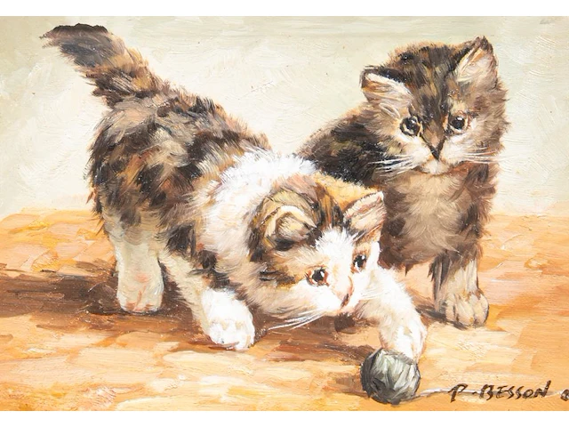 P. besson, two paintings with kittens, 20thc, oil on canvas 12.5 x 17.5 cm. (4.91 x 6.88 in.), frame: 29 x 24 cm. (11.41 x 9.44 in.) - afbeelding 4 van  9