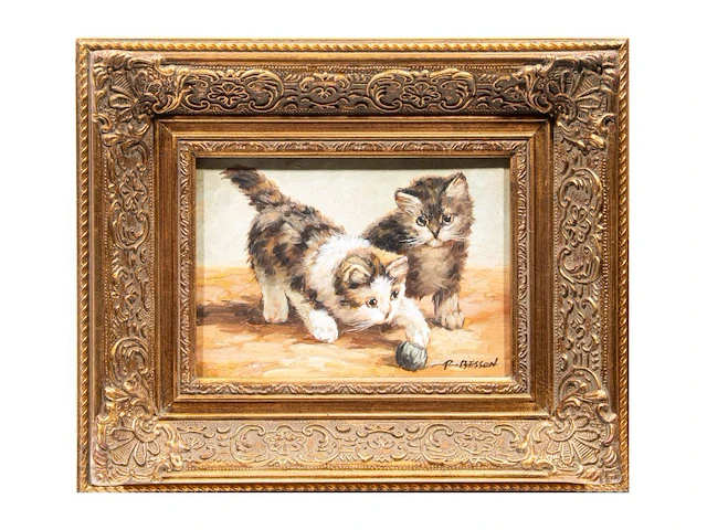 P. besson, two paintings with kittens, 20thc, oil on canvas 12.5 x 17.5 cm. (4.91 x 6.88 in.), frame: 29 x 24 cm. (11.41 x 9.44 in.) - afbeelding 5 van  9