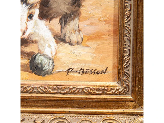 P. besson, two paintings with kittens, 20thc, oil on canvas 12.5 x 17.5 cm. (4.91 x 6.88 in.), frame: 29 x 24 cm. (11.41 x 9.44 in.) - afbeelding 6 van  9