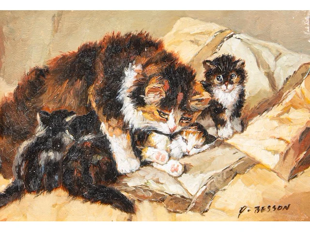 P. besson, two paintings with kittens, 20thc, oil on canvas 12.5 x 17.5 cm. (4.91 x 6.88 in.), frame: 29 x 24 cm. (11.41 x 9.44 in.) - afbeelding 7 van  9