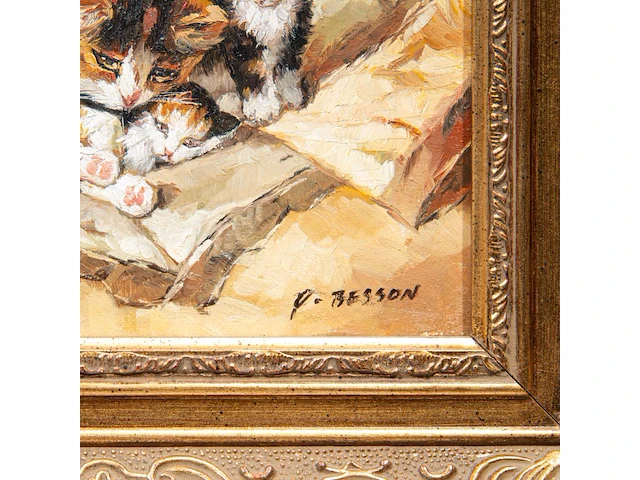 P. besson, two paintings with kittens, 20thc, oil on canvas 12.5 x 17.5 cm. (4.91 x 6.88 in.), frame: 29 x 24 cm. (11.41 x 9.44 in.) - afbeelding 9 van  9