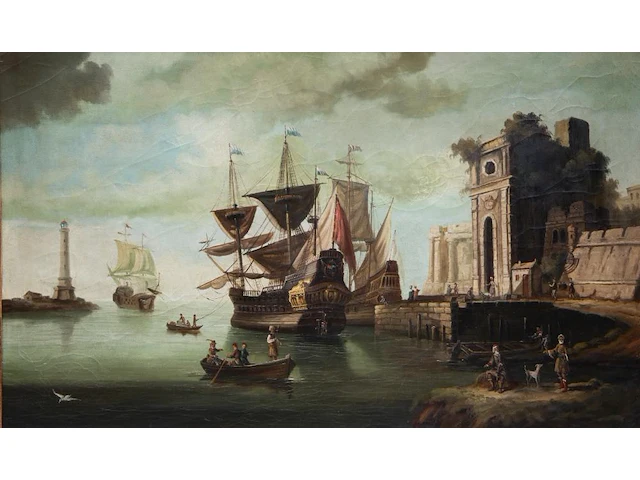 Panorama view of an italian harbour, 18thc, oil on canvas 95 x 160 cm. (37.39 x 62.99 in.), frame: 110 x 173 cm. (43.31 x 68.10 in.) - afbeelding 1 van  9