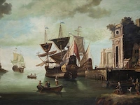 Panorama view of an italian harbour, 18thc, oil on canvas 95 x 160 cm. (37.39 x 62.99 in.), frame: 110 x 173 cm. (43.31 x 68.10 in.)