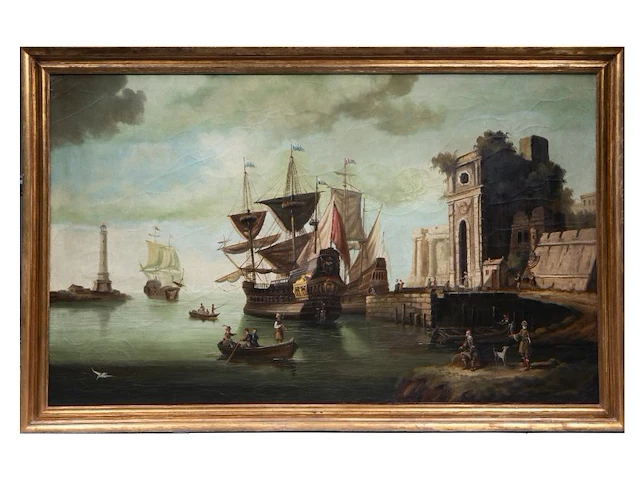 Panorama view of an italian harbour, 18thc, oil on canvas 95 x 160 cm. (37.39 x 62.99 in.), frame: 110 x 173 cm. (43.31 x 68.10 in.) - afbeelding 2 van  9