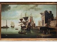 Panorama view of an italian harbour, 18thc, oil on canvas 95 x 160 cm. (37.39 x 62.99 in.), frame: 110 x 173 cm. (43.31 x 68.10 in.) - afbeelding 2 van  9
