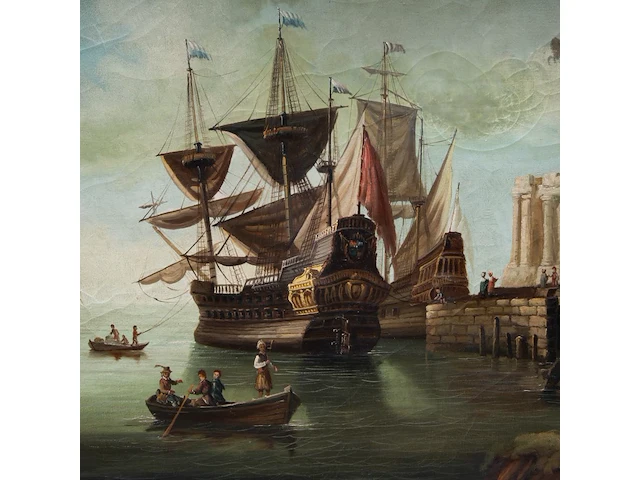 Panorama view of an italian harbour, 18thc, oil on canvas 95 x 160 cm. (37.39 x 62.99 in.), frame: 110 x 173 cm. (43.31 x 68.10 in.) - afbeelding 5 van  9