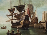 Panorama view of an italian harbour, 18thc, oil on canvas 95 x 160 cm. (37.39 x 62.99 in.), frame: 110 x 173 cm. (43.31 x 68.10 in.) - afbeelding 5 van  9