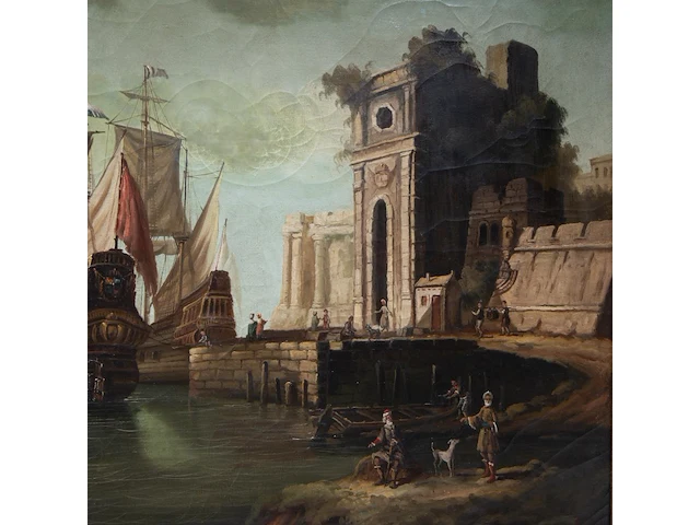 Panorama view of an italian harbour, 18thc, oil on canvas 95 x 160 cm. (37.39 x 62.99 in.), frame: 110 x 173 cm. (43.31 x 68.10 in.) - afbeelding 6 van  9