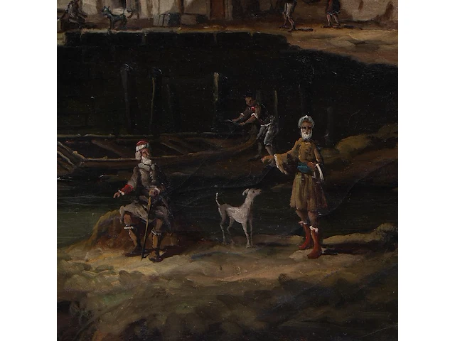 Panorama view of an italian harbour, 18thc, oil on canvas 95 x 160 cm. (37.39 x 62.99 in.), frame: 110 x 173 cm. (43.31 x 68.10 in.) - afbeelding 7 van  9