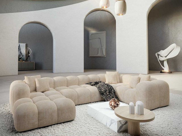 Panoramische bank links - crèmekleurig fluweel - afbeelding 1 van  8