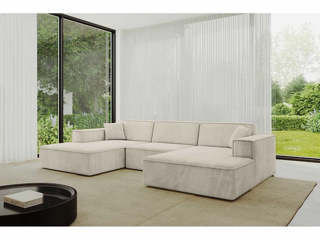 Panoramische hoekbank - beige donkergrijs fluweel - afbeelding 1 van  8