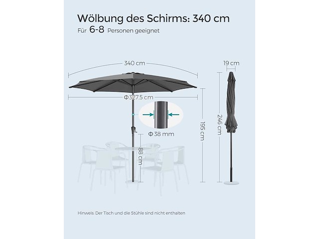 Parasol 340 cm, upf 50+ kanteling 30° - afbeelding 6 van  6