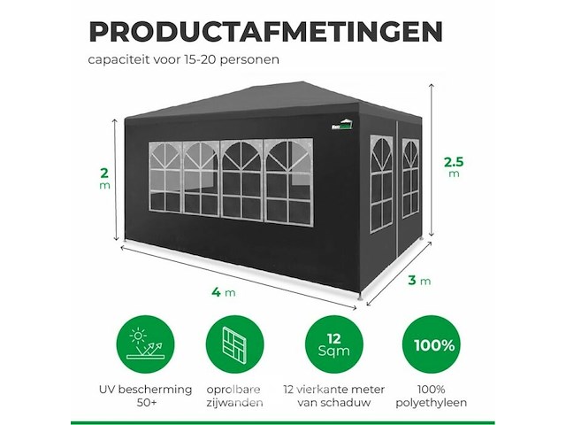 Partytent 3 x 4 m antraciet met zijwanden - afbeelding 2 van  3