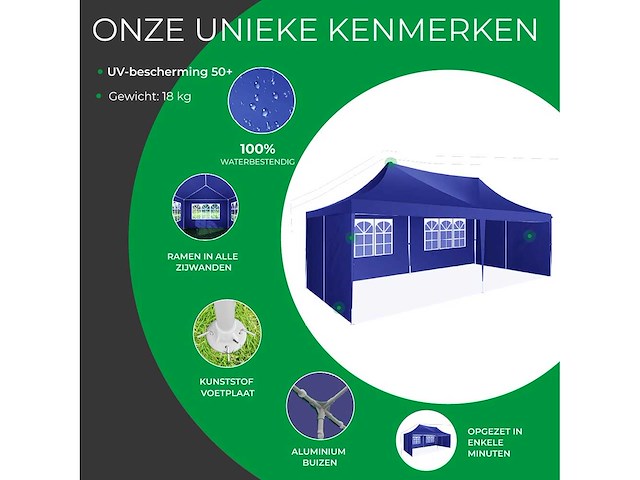 Partytent 3x6m met zijwanden blauw - afbeelding 3 van  3