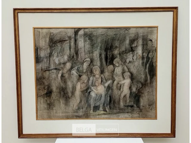 Pastel schilderij op papier, jules van ael, moeder en kind - afbeelding 1 van  2